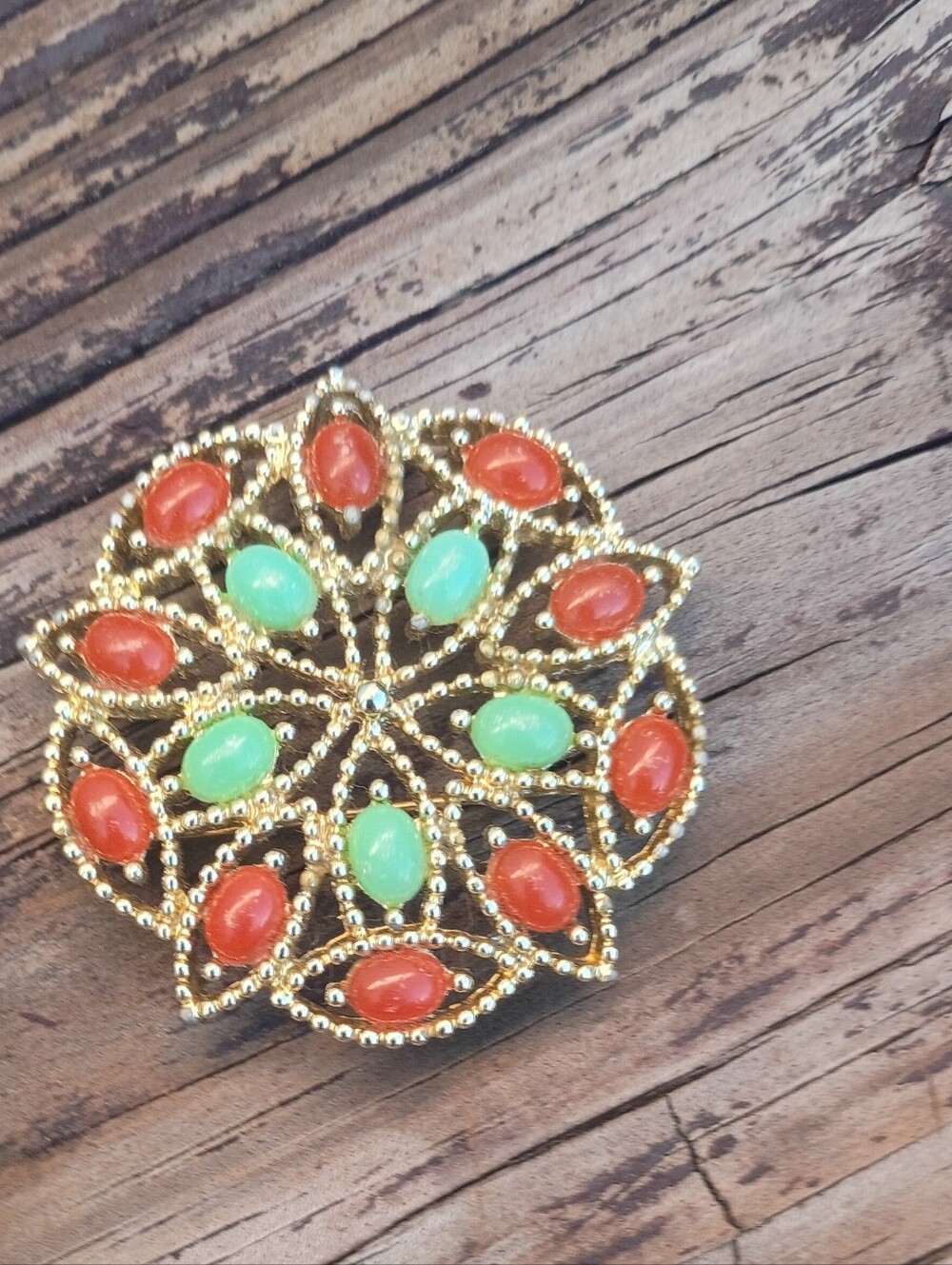 2x2 Vintage Sarah Coventry Gold-Tone Floral Brooch with Coral and Mint Cabochons
